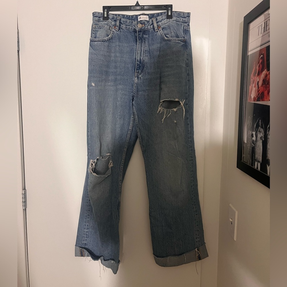 Zara Womens High Rise Wide Leg Distressed Jeans Blue Light Wash Size 12